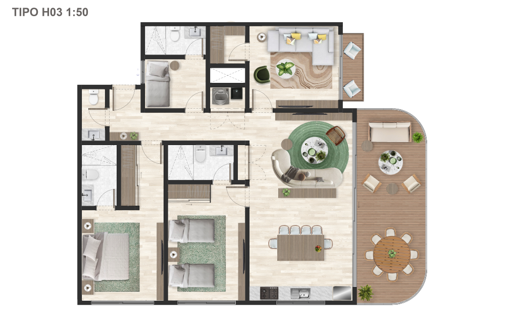 2 HAB + FAMILY ROOM + HAB DE SERVICIO (2)